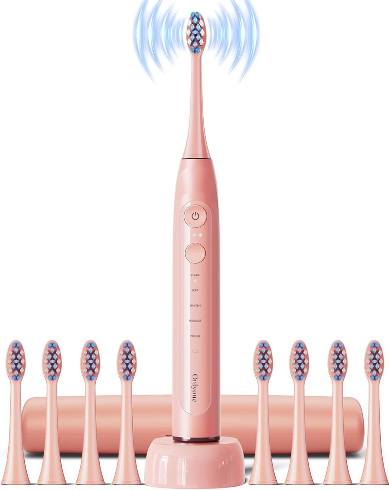 Onlyone Sonic Electric Toothbrush for Adults, Rechargeable Ultrasonic Electric Toothbrush with 8 Brush Heads, Travel Case, Charging Base & Wireless Charging - 5 Modes with Smart Timer - Image 1